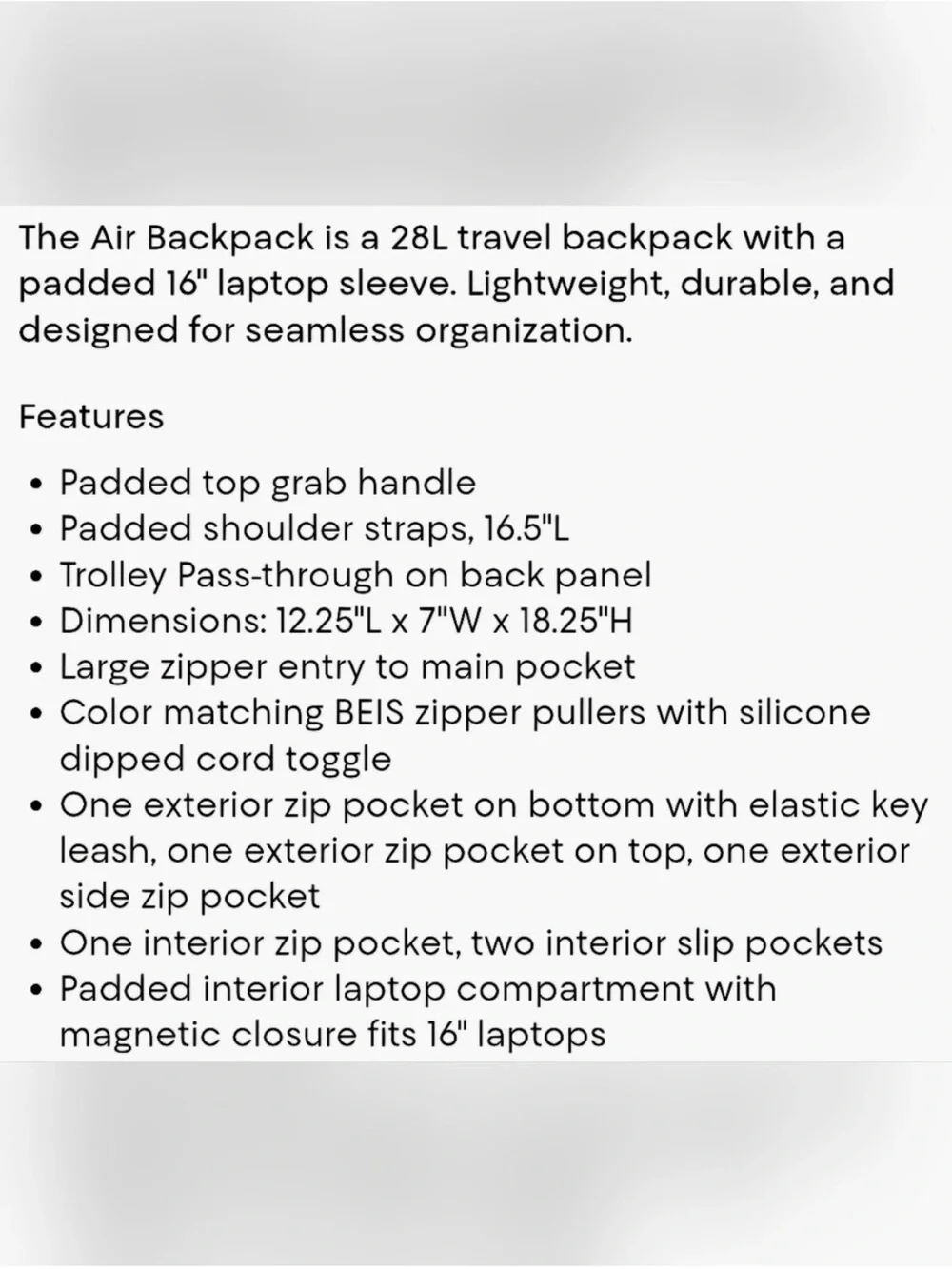 BEIS Air Backpack 28L Charcoal Travel Lightweight Vacation School Laptop